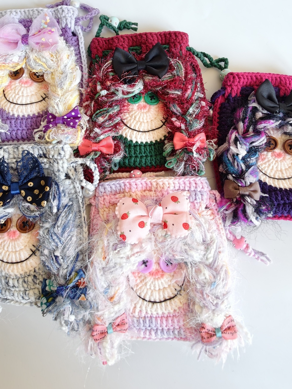 Hand Crochet Doll Mini Drawstring Pouch, Cute Handmade Small Bag